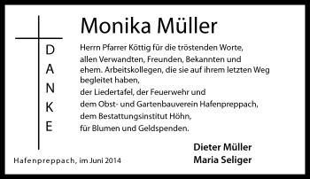Traueranzeige von Monika Müller von Neue Presse Coburg