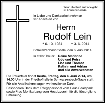 Traueranzeige von Rudolf Lein von Frankenpost