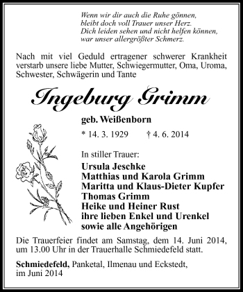 Traueranzeige von Ingeburg Grimm von Südthüringer Presse
