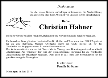 Traueranzeige von Christian Hahner von Südthüringer Presse