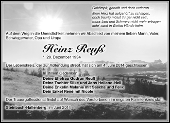 Traueranzeige von Heinz Reuss von Südthüringer Presse