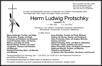 Traueranzeige von Ludwig Protschky von Frankenpost
