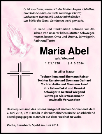 Traueranzeige von Maria Abel von Südthüringer Presse