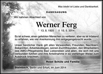 Traueranzeige von Werner Ferg von Südthüringer Presse