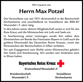 Traueranzeige von Max Potzel von Frankenpost