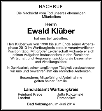 Traueranzeige von Ewald Klüber von Südthüringer Presse