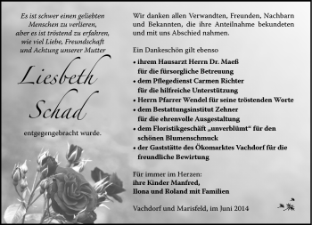 Traueranzeige von Liesbeth Schad von Südthüringer Presse