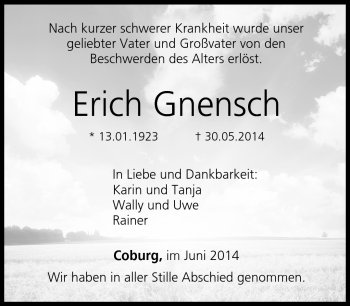 Traueranzeige von Erich Gnensch von Neue Presse Coburg