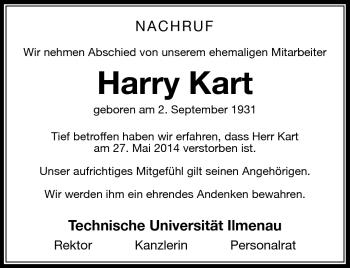 Traueranzeige von Harry Kart von Südthüringer Presse