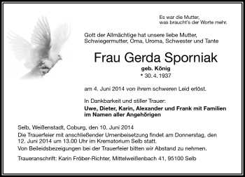 Traueranzeige von Gerda Sporniak von Frankenpost