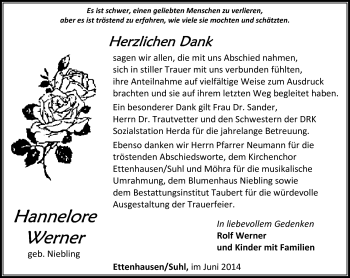 Traueranzeige von Hannelore Werner von Südthüringer Presse
