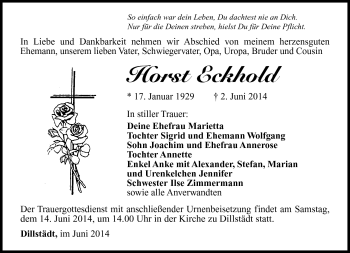 Traueranzeige von Horst Eckhold von Südthüringer Presse