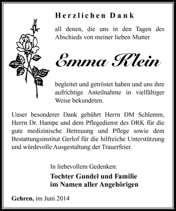 Traueranzeige von Emma Klein von Südthüringer Presse