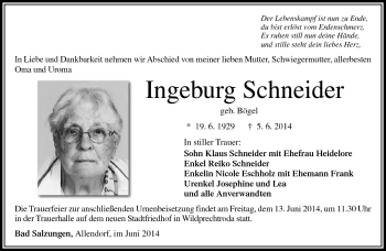 Traueranzeige von Ingeburg Schneider von Südthüringer Presse