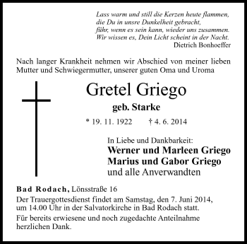 Traueranzeige von Gretel Griego von Neue Presse Coburg