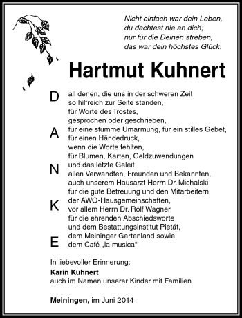 Traueranzeige von Hartmut Kunert von Südthüringer Presse