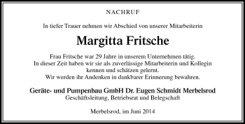Traueranzeige von Margitta Fritsche von Südthüringer Presse