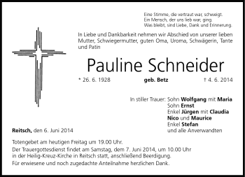 Traueranzeige von Pauline Schneider von Neue Presse Coburg