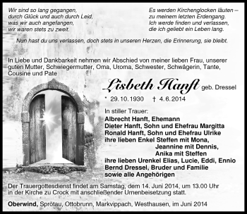 Traueranzeige von Lisbeth Hanft von Südthüringer Presse