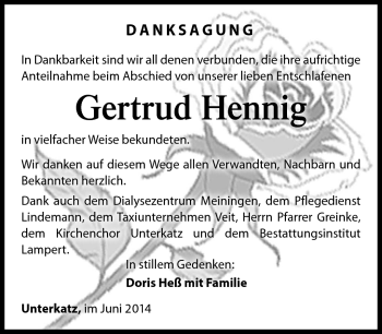 Traueranzeige von Gertrud Hennig von Südthüringer Presse