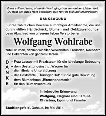 Traueranzeige von Wolfgang Wohlrabe von Südthüringer Presse