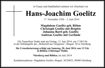 Traueranzeige von Hans-Joachim Goelitz von Südthüringer Presse