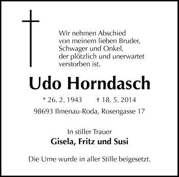 Traueranzeige von Udo Horndasch von Südthüringer Presse