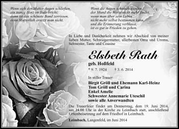 Traueranzeige von Elsbeth Rath von Südthüringer Presse