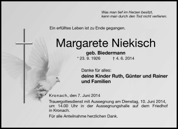 Traueranzeige von Margarete Niekisch von Neue Presse Coburg