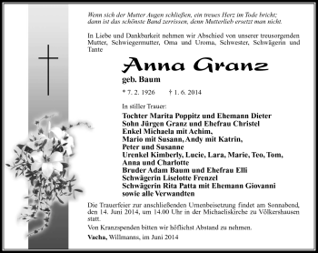 Traueranzeige von Anna Granz von Südthüringer Presse