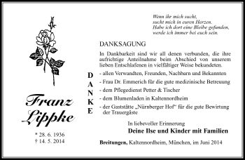 Traueranzeige von Franz Lippke von Südthüringer Presse
