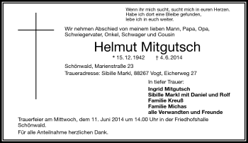 Traueranzeige von Helmut Mitgutscg von Frankenpost