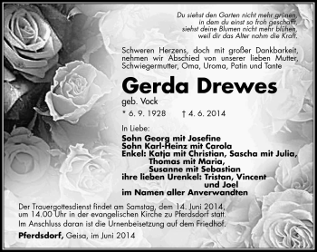 Traueranzeige von Gerda Drewes von Südthüringer Presse