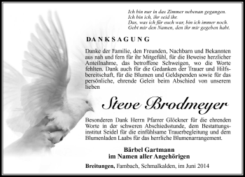 Traueranzeige von Steve Brodmeyer von Südthüringer Presse