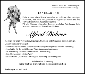Traueranzeige von Alfred Döhrer von Südthüringer Presse