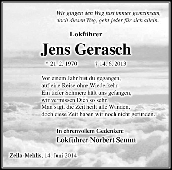 Traueranzeige von Jens Gerasch von Südthüringer Presse