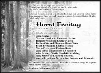 Traueranzeige von Horst Freitag von Südthüringer Presse