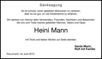 Traueranzeige von Heini Mann von Neue Presse Coburg