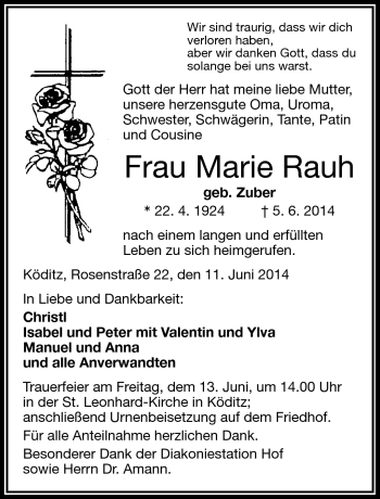 Traueranzeige von Marie Rauh von Frankenpost