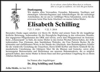 Traueranzeige von Elisabeth Schilling von Südthüringer Presse