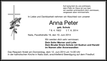 Traueranzeige von Anna Peter von Frankenpost