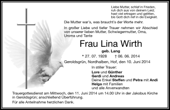 Traueranzeige von Lina Wirth von Frankenpost