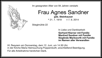 Traueranzeige von Agnes Sandner von Frankenpost