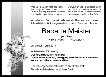Traueranzeige von Babette Meister von Frankenpost