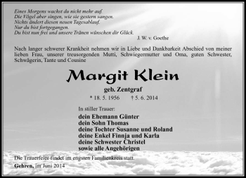 Traueranzeige von Margit Klein von Südthüringer Presse