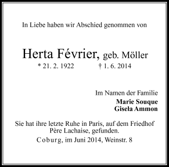 Traueranzeige von Herta Février von Neue Presse Coburg