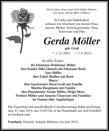 Traueranzeige von Gerda Möller von Südthüringer Presse