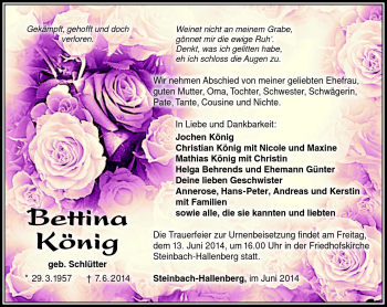 Traueranzeige von Bettina König von Südthüringer Presse