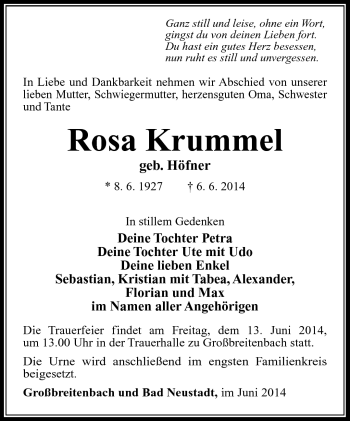 Traueranzeige von Rosa Krummel von Südthüringer Presse