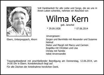 Traueranzeige von Wilma Kern von Neue Presse Coburg